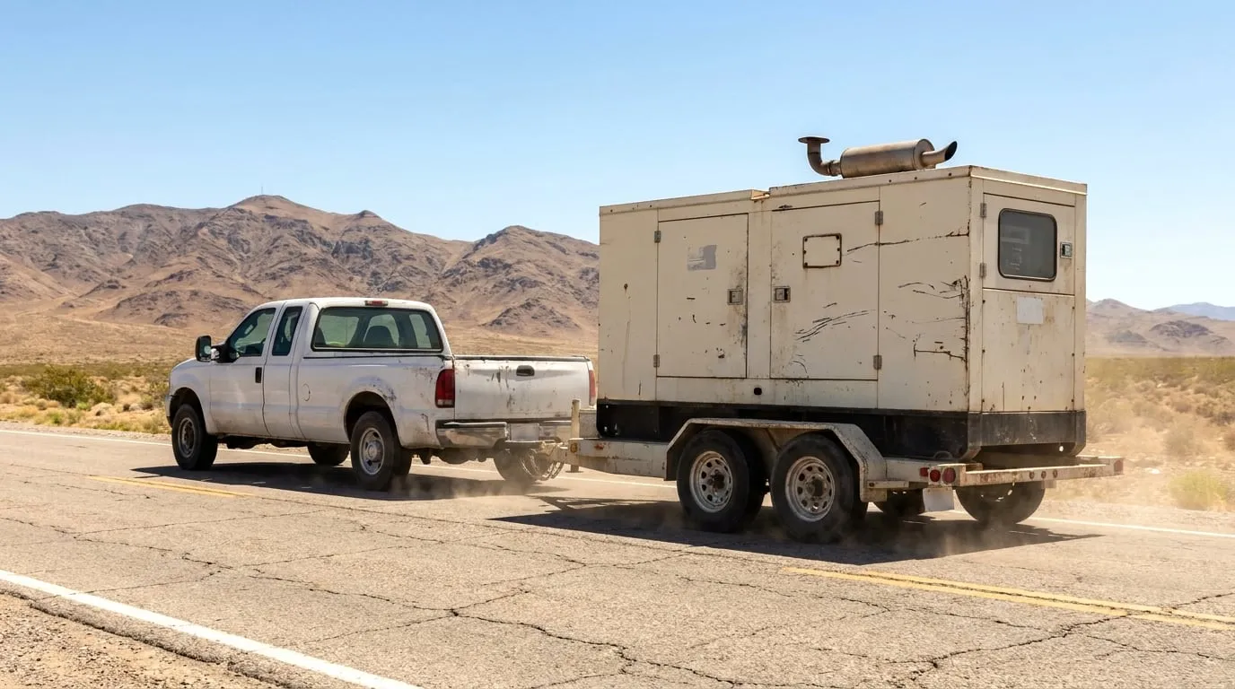 Pickup truck towing a generator trailer along a desert highway
