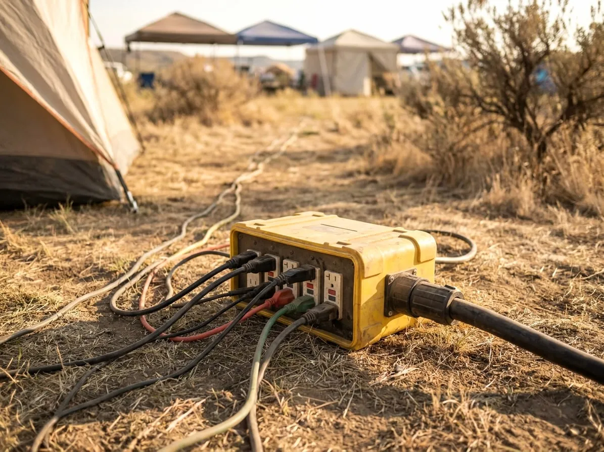 Portable power distribution box with GFCI outlets at an outdoor event