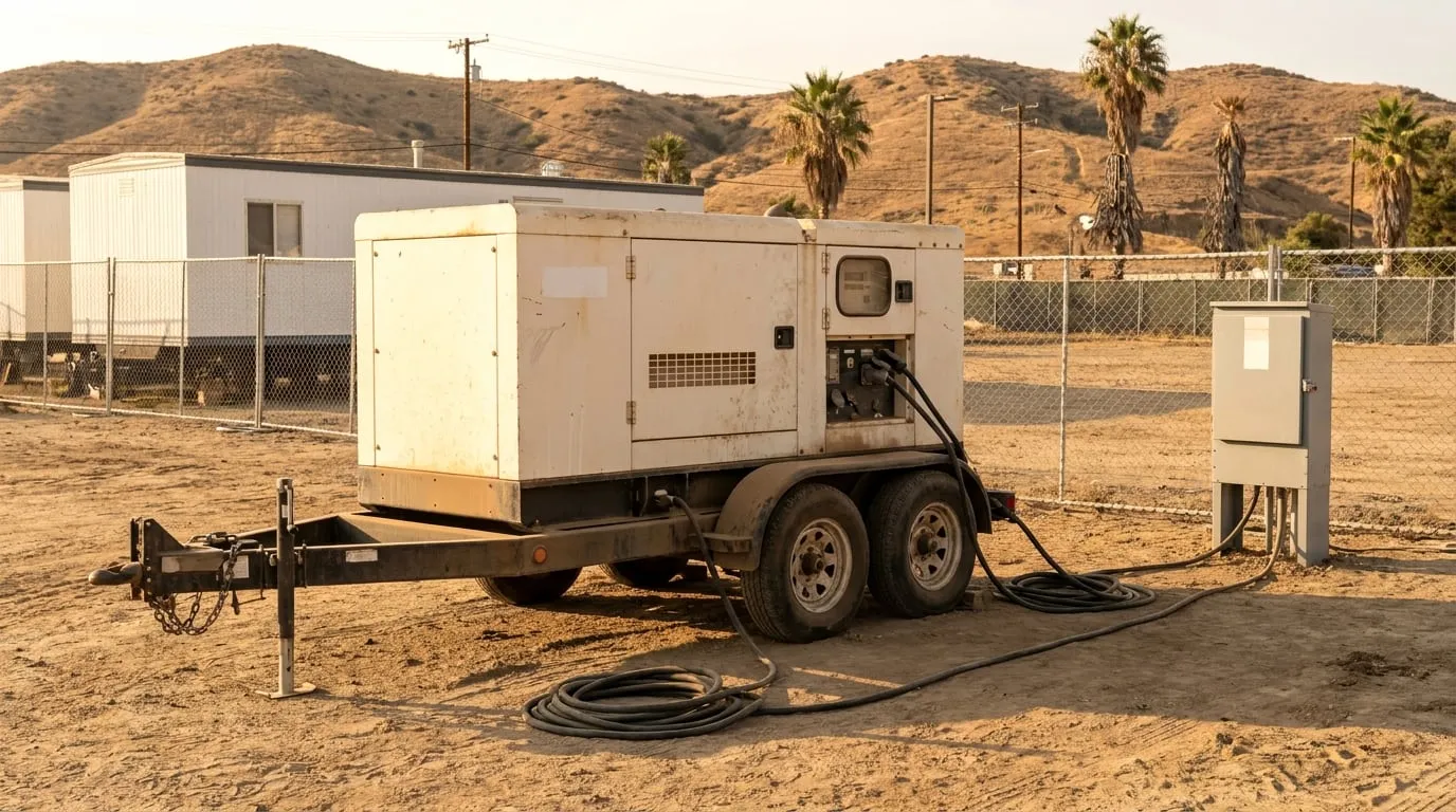 Towable diesel generator on a tandem-axle trailer at a Southern California construction site, cables running to a temporary power box
