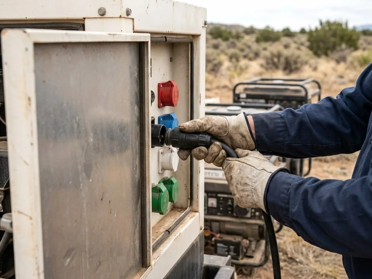 Electrician plugging a cam-lok cable into the receptacle panel of a towable generator