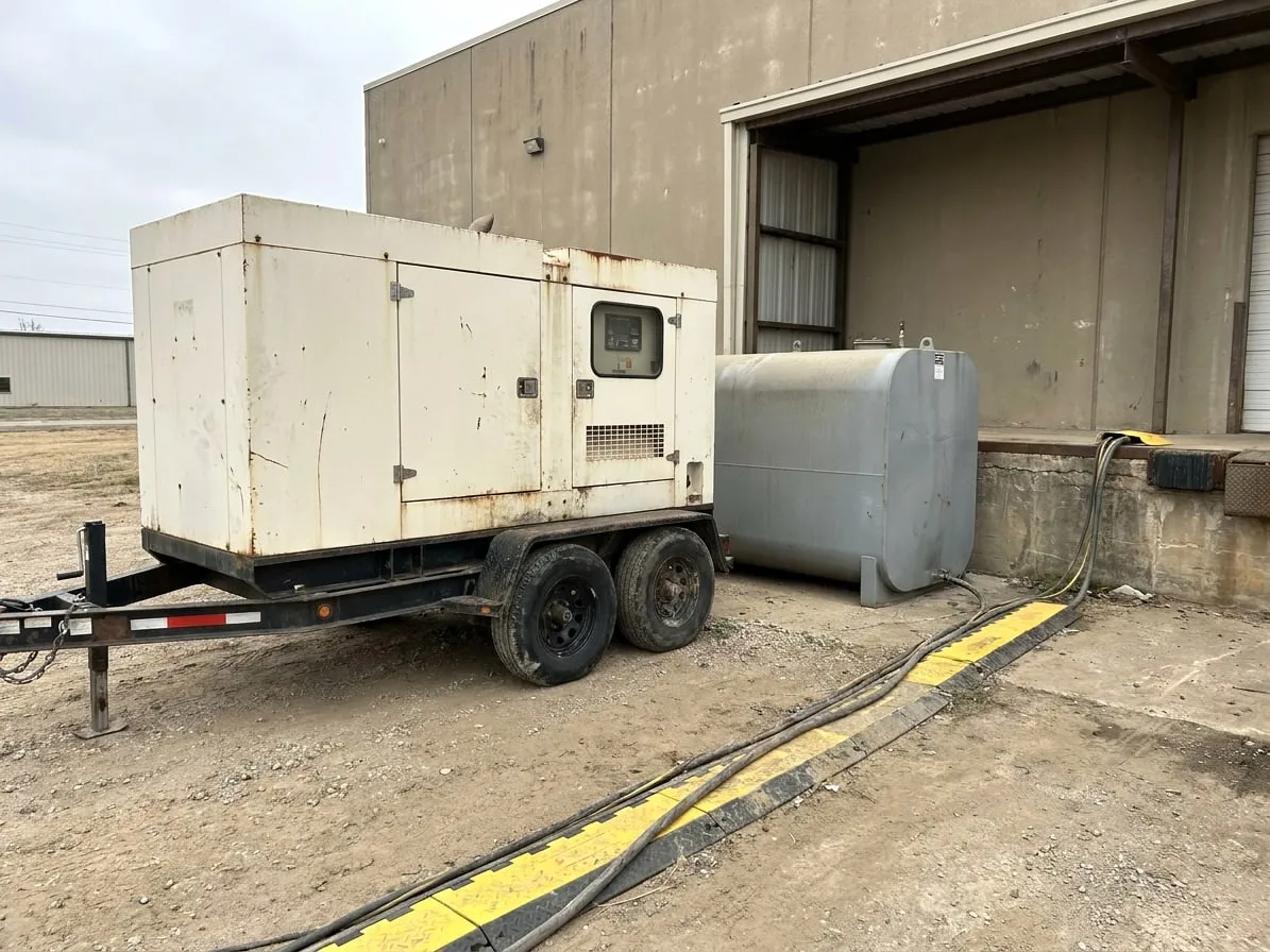 Large towable diesel generator beside a loading dock with an external fuel tank and a cable ramp