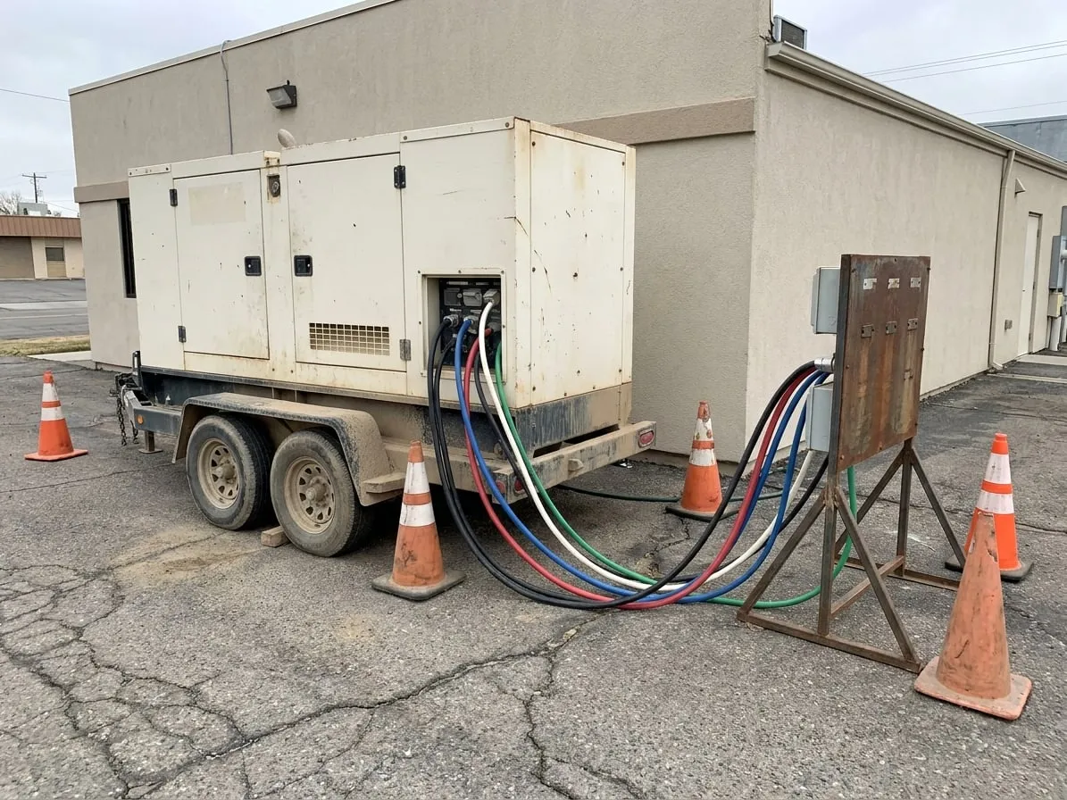 Medium towable generator behind a commercial building with color-coded cam-lok cables running to a distribution panel