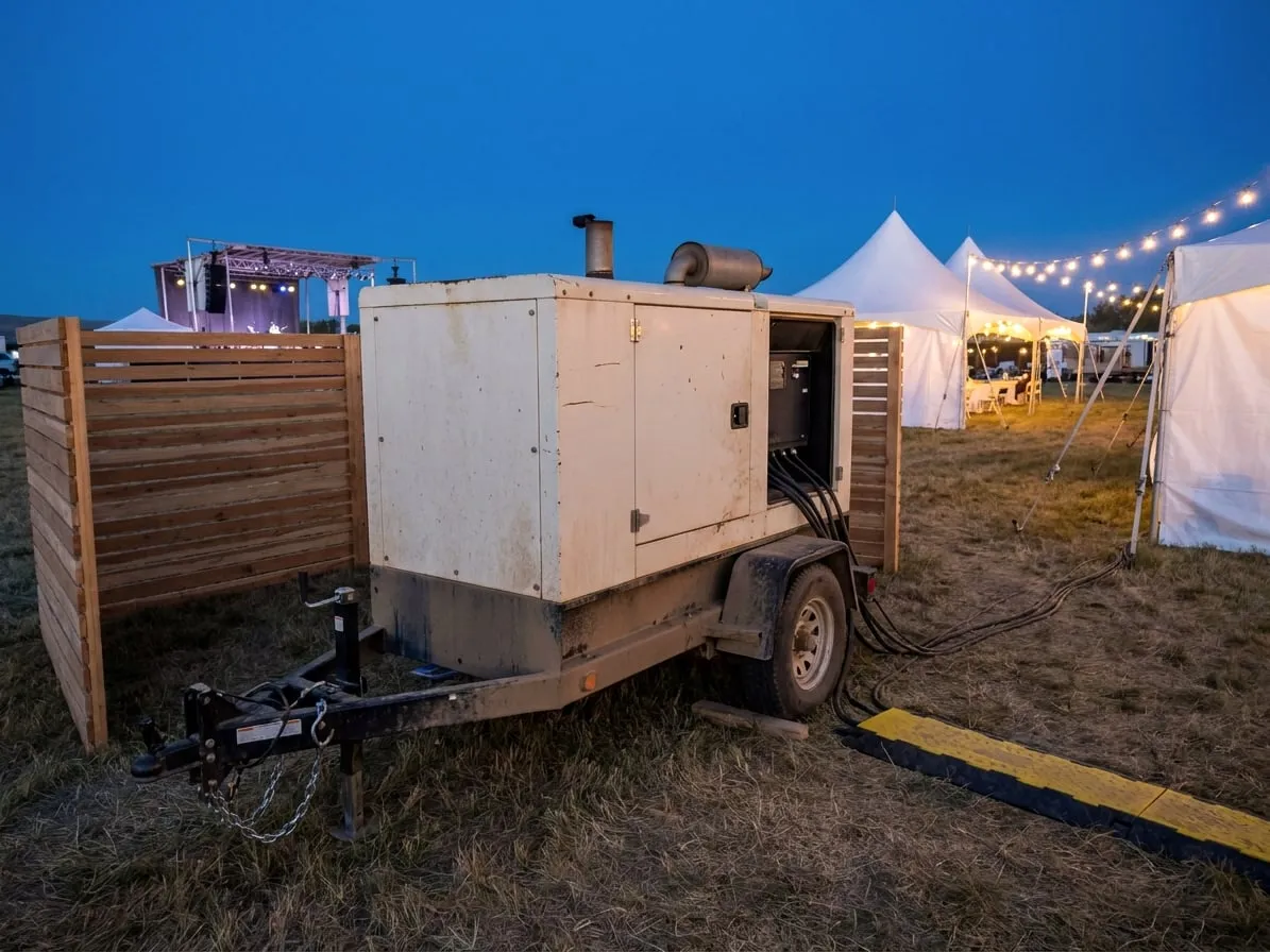Quiet towable generator parked behind a screen at an evening outdoor event, cables under a ramp toward lit tents
