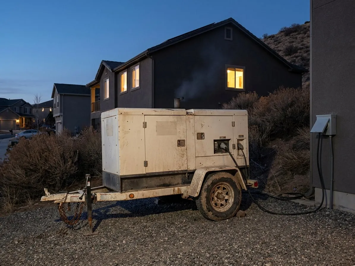 House with its lights on during a neighborhood power outage, a towable generator running in the driveway